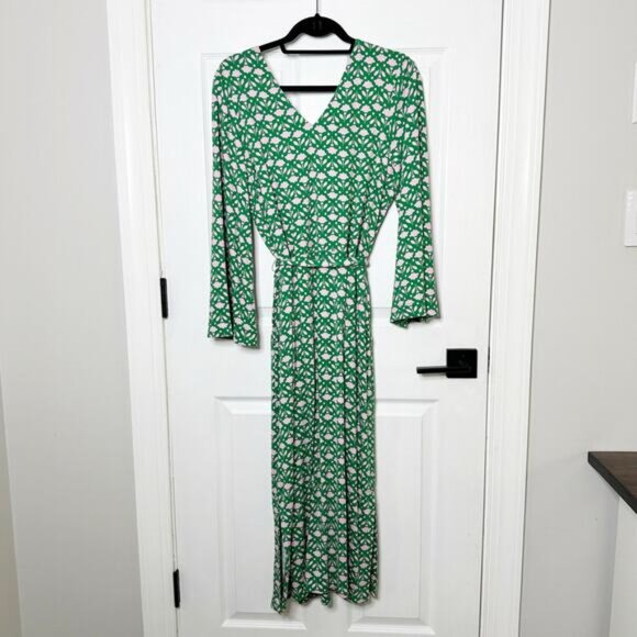 Boden US 12R/UK 16R Long Sleeve Knit Green Pink Floral Midi Dress Waist Tie - Picture 8 of 8